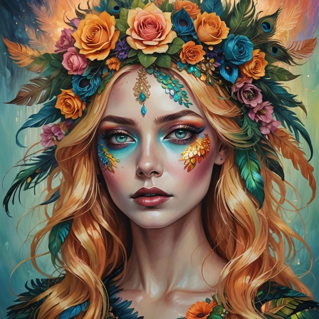 Fantasy Woman with Rainbow Skin and Peacock Feathers