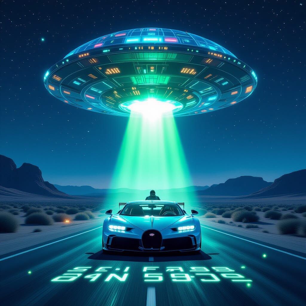 Bugatti Intersected by Alien Beam in Splash Art Style