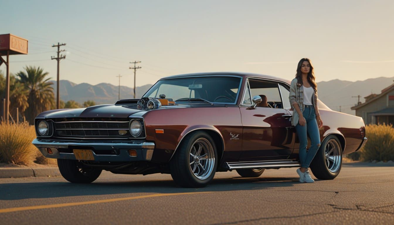 Girl Posing With Hot Rod Car in Vibrant Oil Painting