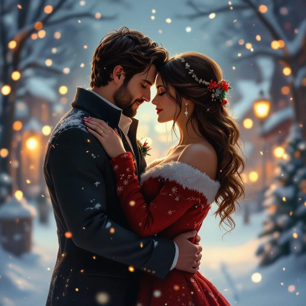 Romantic Christmas Couple Embracing Book Cover in Dynamic St...