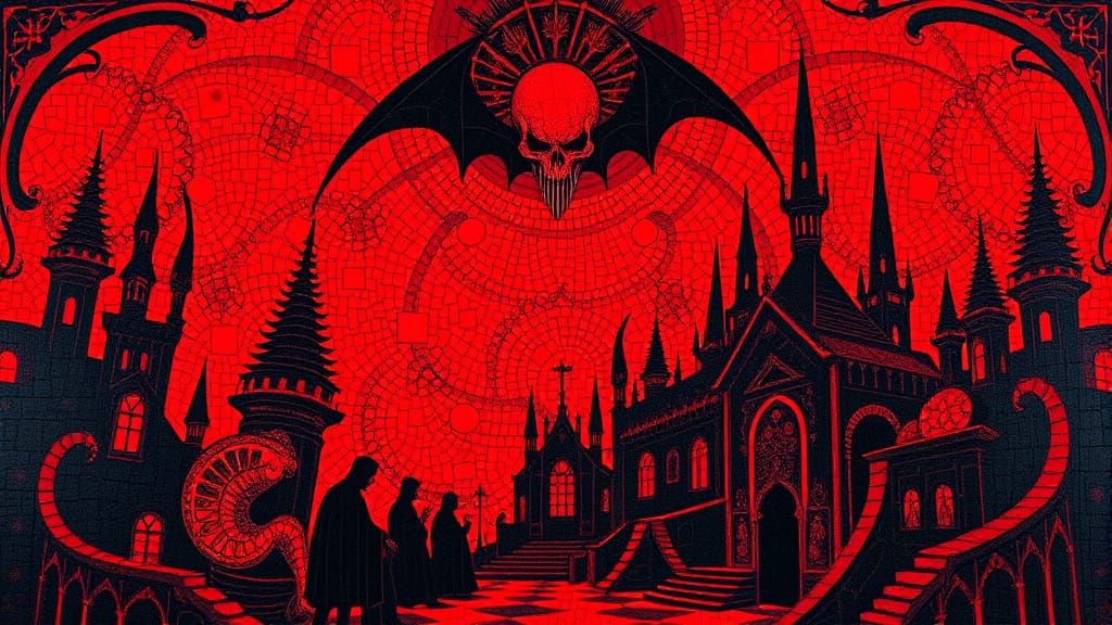 Gothic Horror Mosaic in Crimson and Black