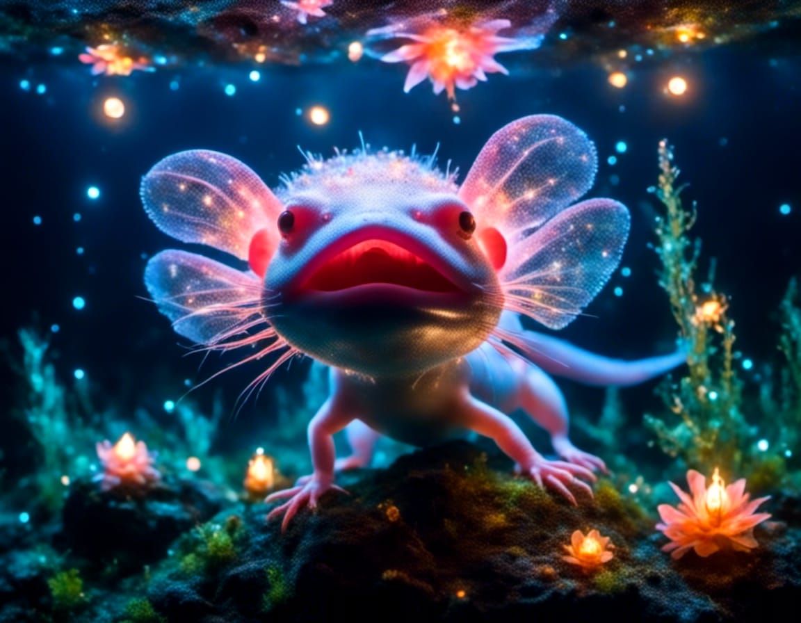 Bioluminescent Axolotl in Sunken Ship Paradise