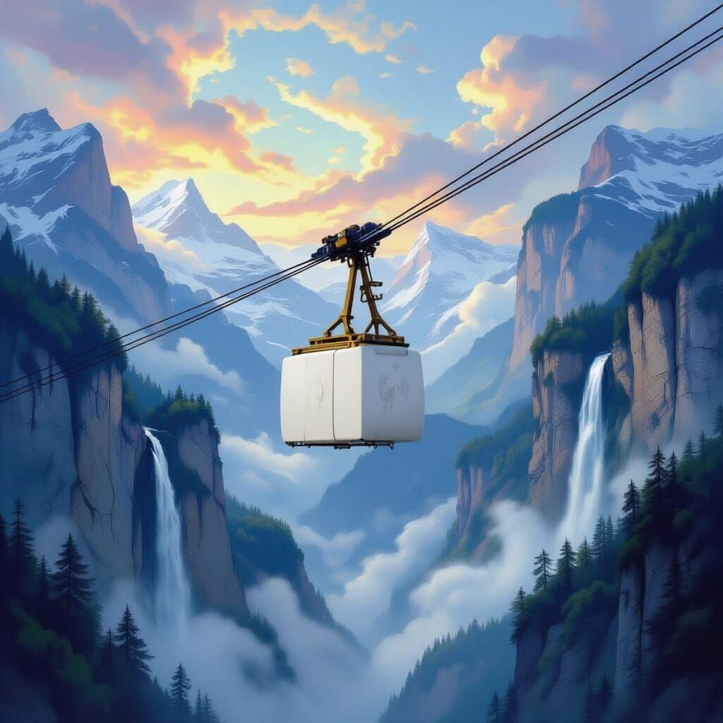 Whimsical Cable Car Above Mist-Shrouded Alps