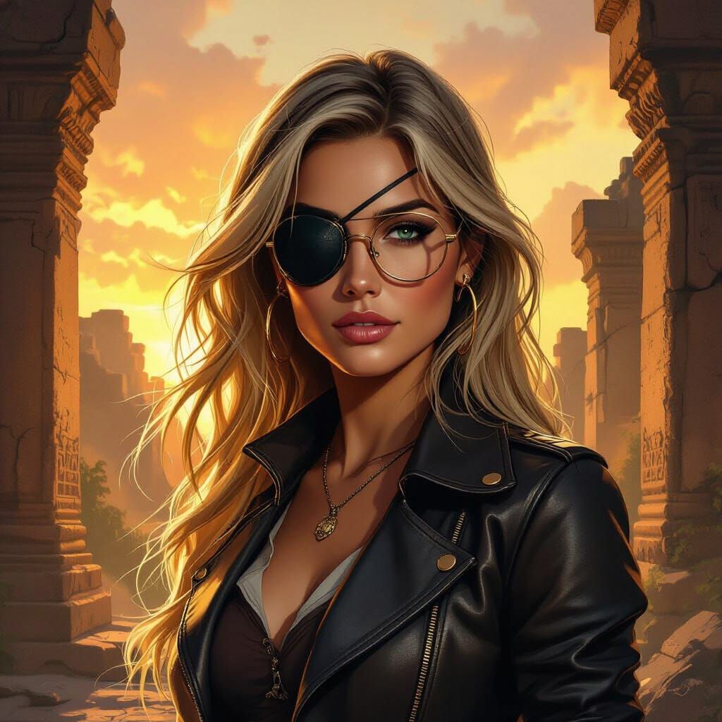 Adventurous Woman with Eyepatch and Glasses in Temple