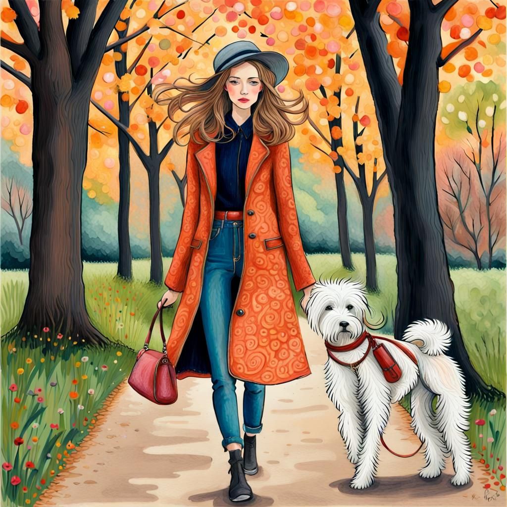 beautiful stylish woman walking her dog in the park, perfect hair day, naïve art, art brut, Kinuko Y. Craft, Victoria Fr...