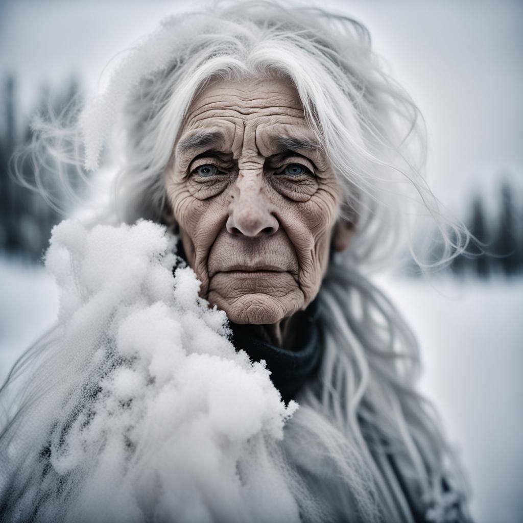 Ethereal White Winter Goddess in Snowscape Portrait