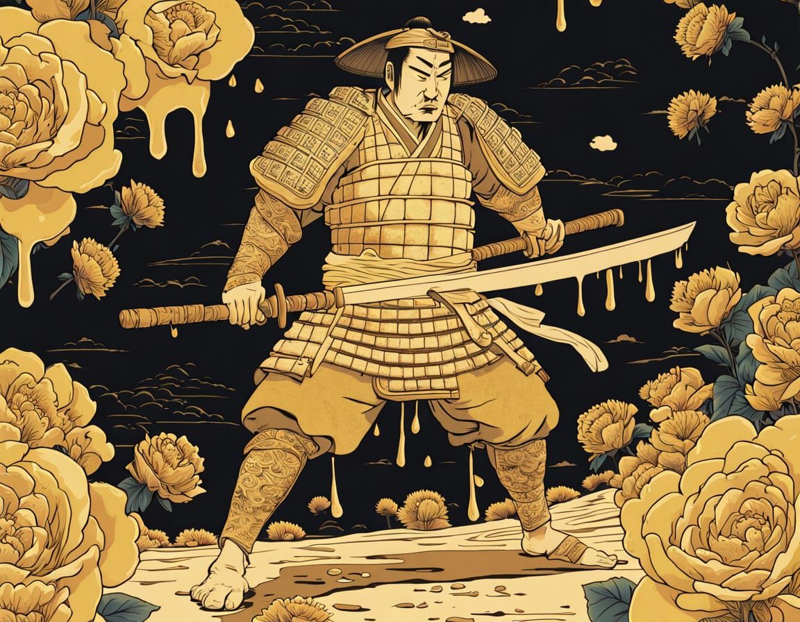 Melting Butter Samurai on Battlefield, Ukiyo-e Print