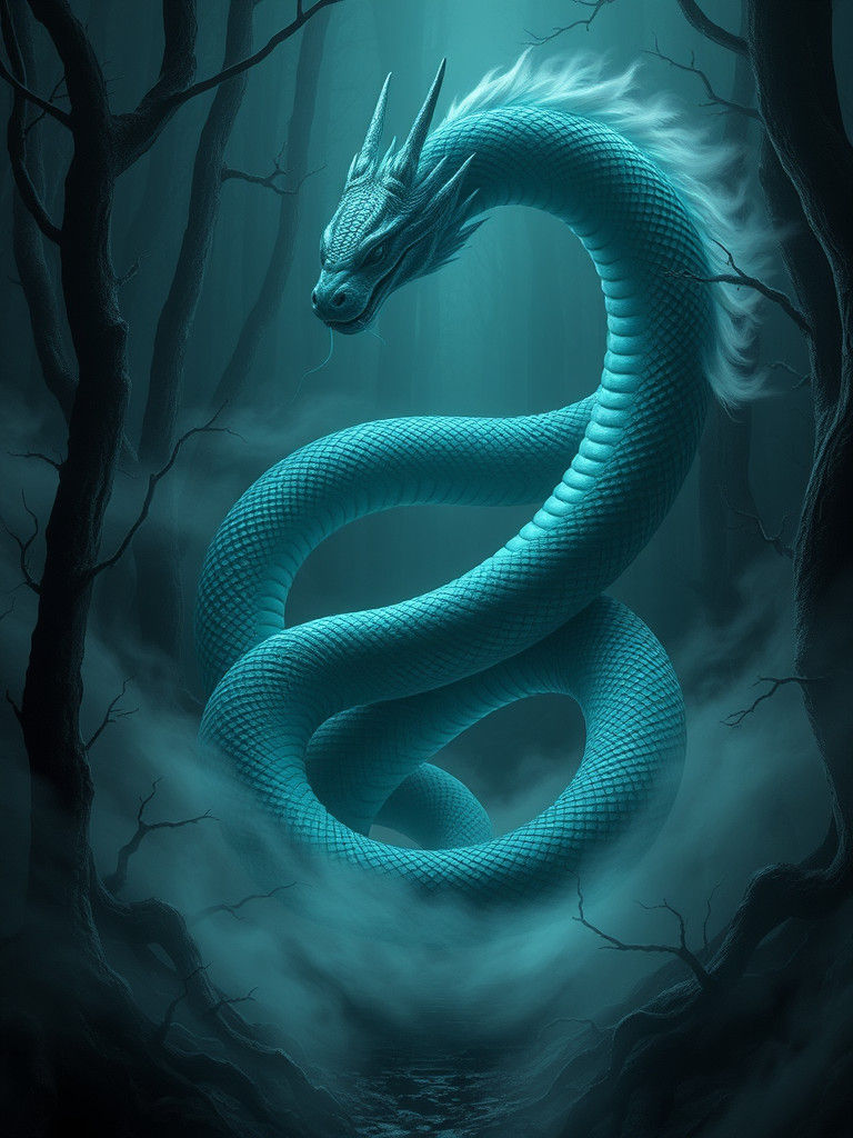 Serpentine Form in Mystical Forest, Oil Painting Style