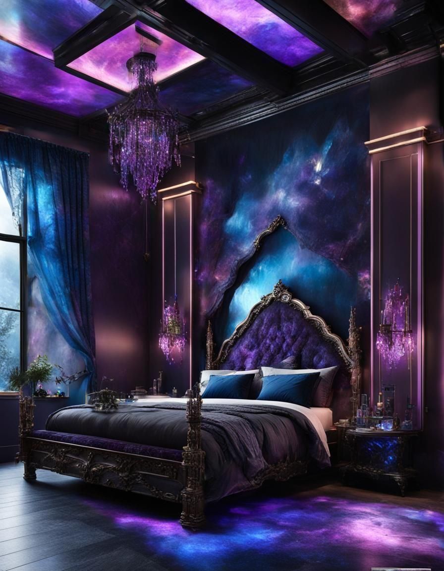 Ethereal gothic bedroom with purple labradorite walls with b...