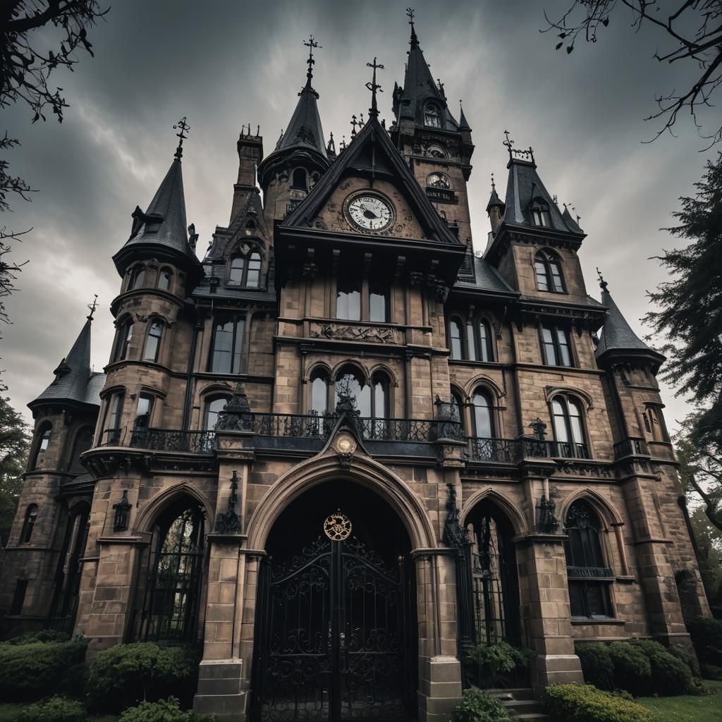 Gothic Mansion with Clock Tower in Burtonesque Style