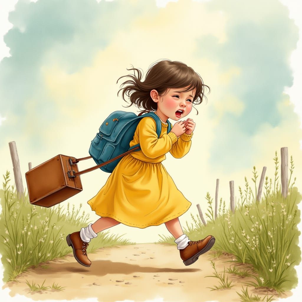 Girl Running Away From Home as Watercolor Painting