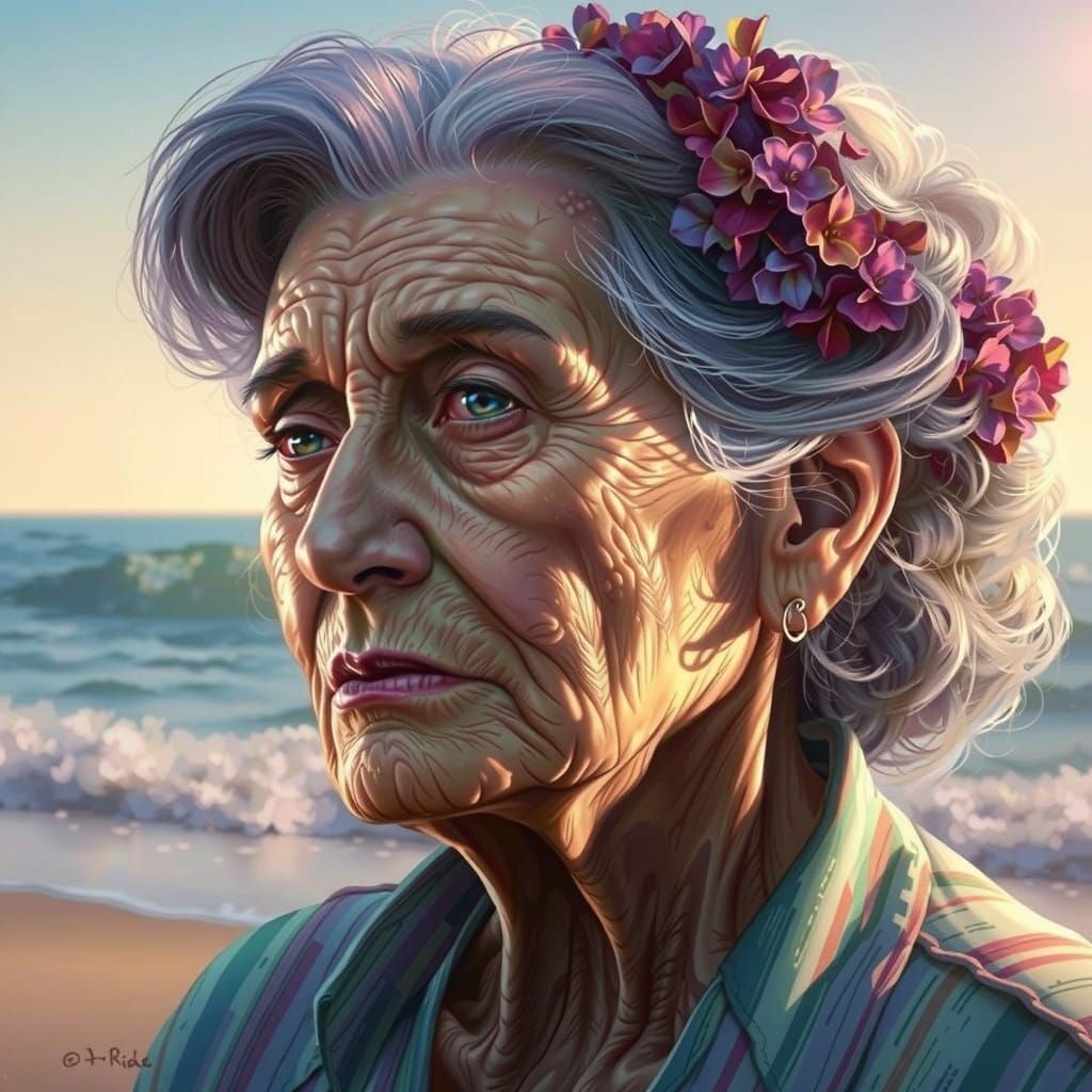 Grandma's Whimsical Beach Memories in Watercolor Style