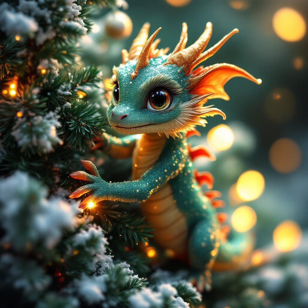Glittering Dragon Cub Climbing a Christmas Tree