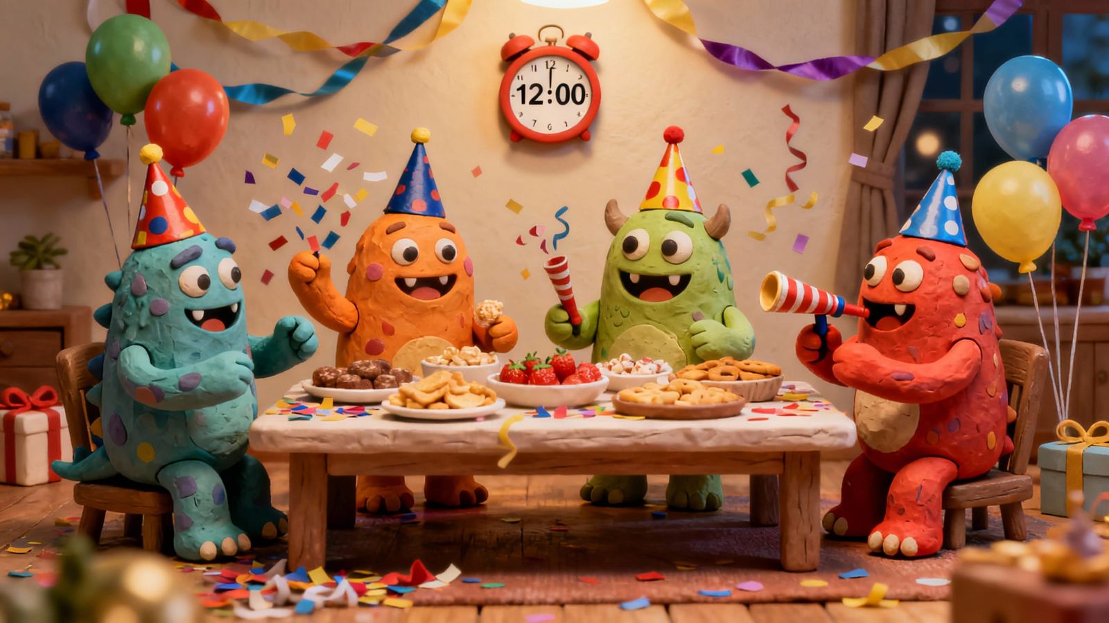 Claymation Monsters Celebrate New Year's Eve