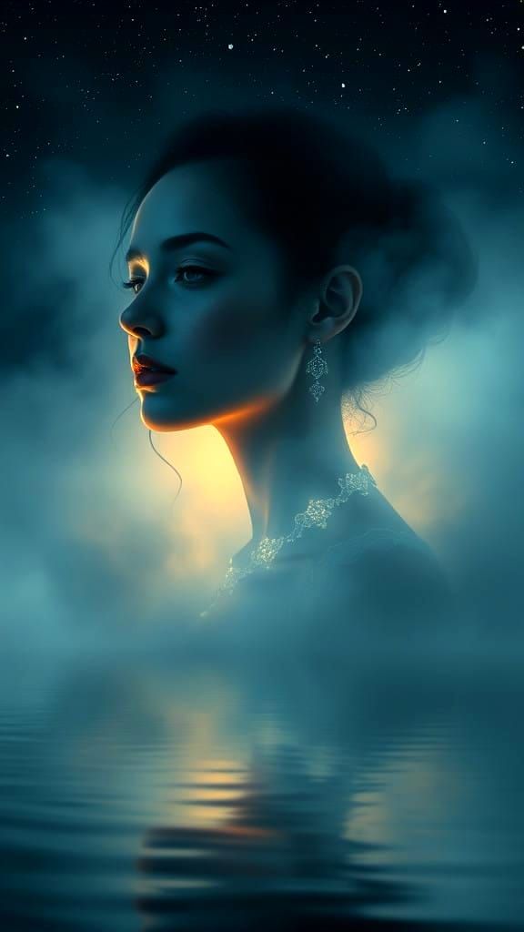 Ethereal Woman Emerge from Midnight Fog
