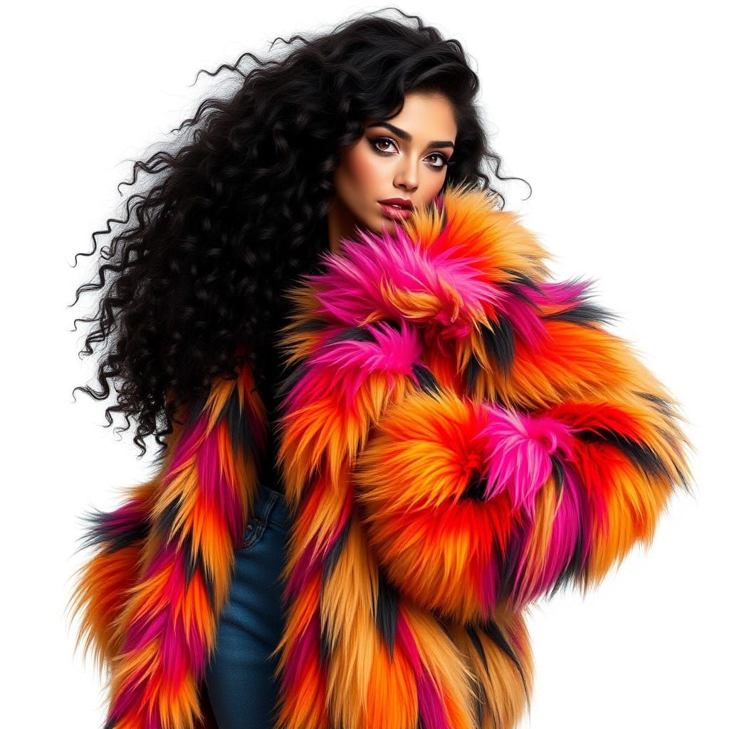 Beautiful High-Fashion Woman in Colorful Fur Coat