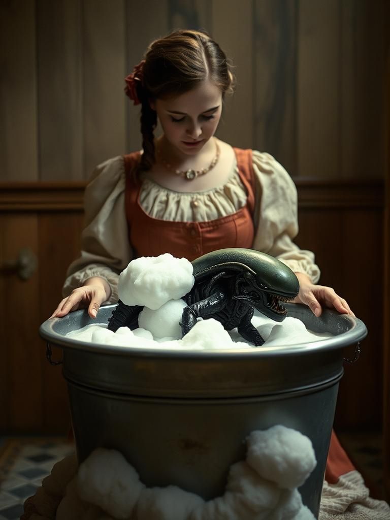Victorian Woman Bathes Xenomorph: Giger-Inspired Film Still