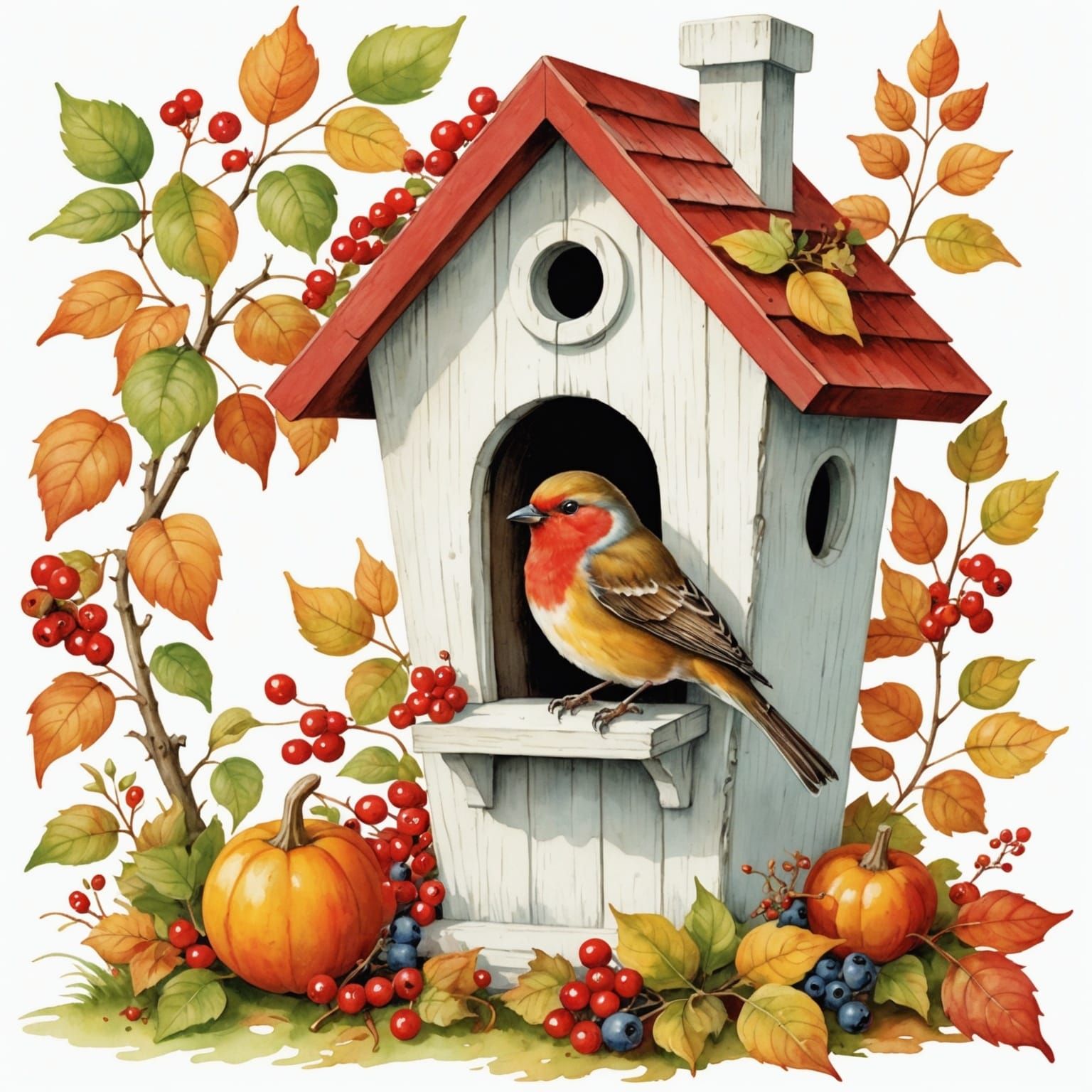 Cute Bird in Autumnal Storybook Illustration