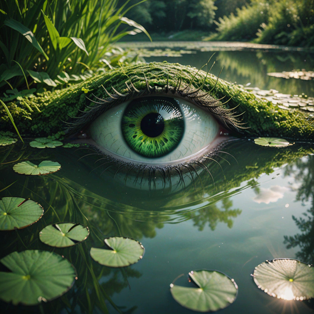 Emerald Eye Gazing Through Aquatic Reflections