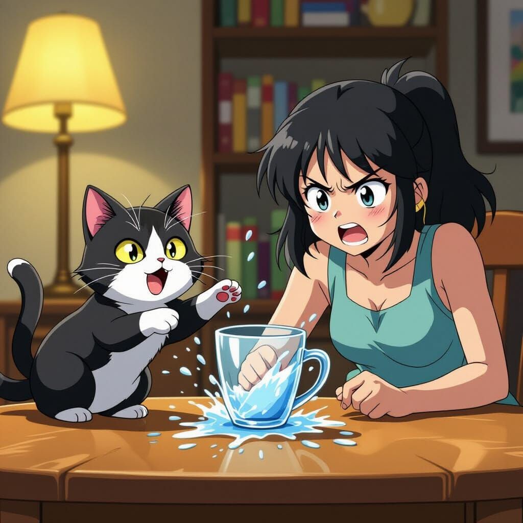 Anime Cat Knocks Over Cup, Woman Scrambles
