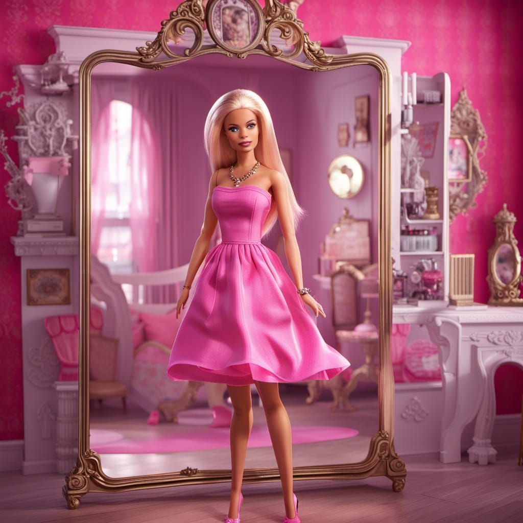Barbie Girl in Dollhouse Mirror, Detailed Fantasy Art