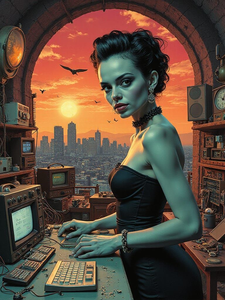 Retrofuturistic Bride of Frankenstein Discovers Vintage Elec...