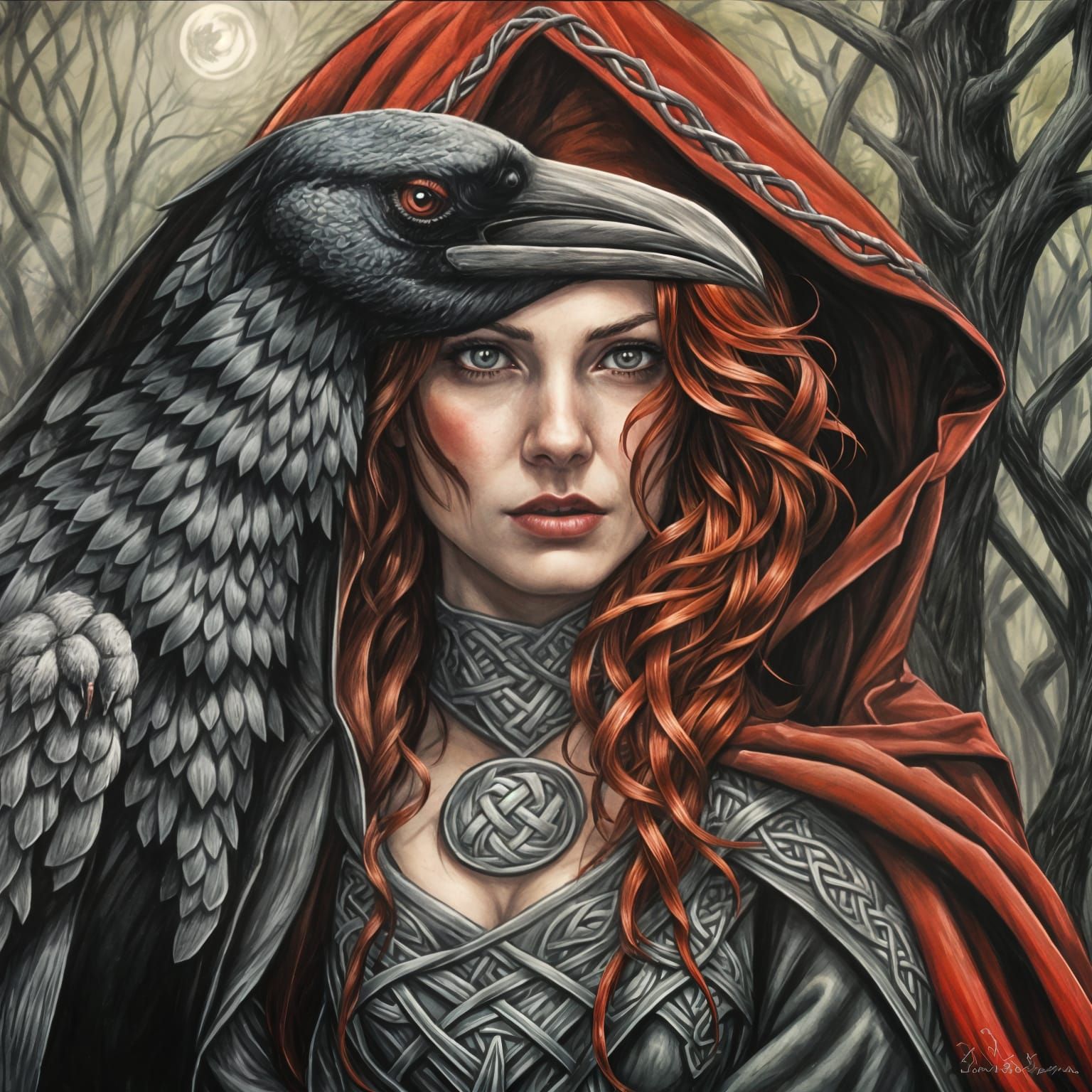 Celtic Maiden with Raven in Dark Forest