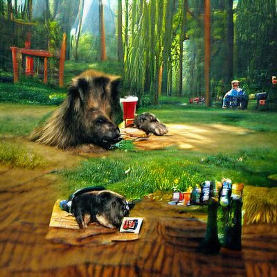 Dog and Boar Playing Cards in Forest