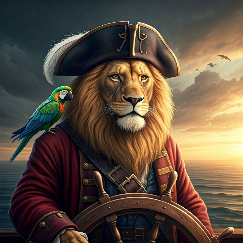 Lion Pirate Captain at Helm, Dramatic Lighting