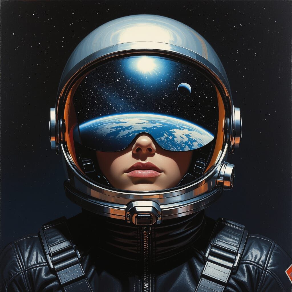 Face in Space Helmet Reflecting Earthscape, Matte Painting