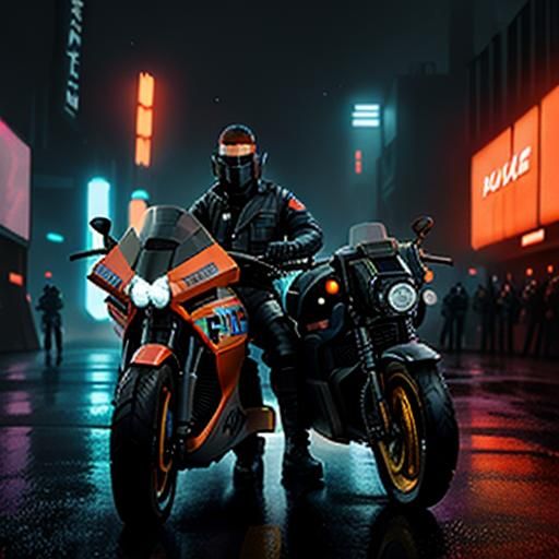Retrofuturistic Motorcycle Officer in Dystopian City