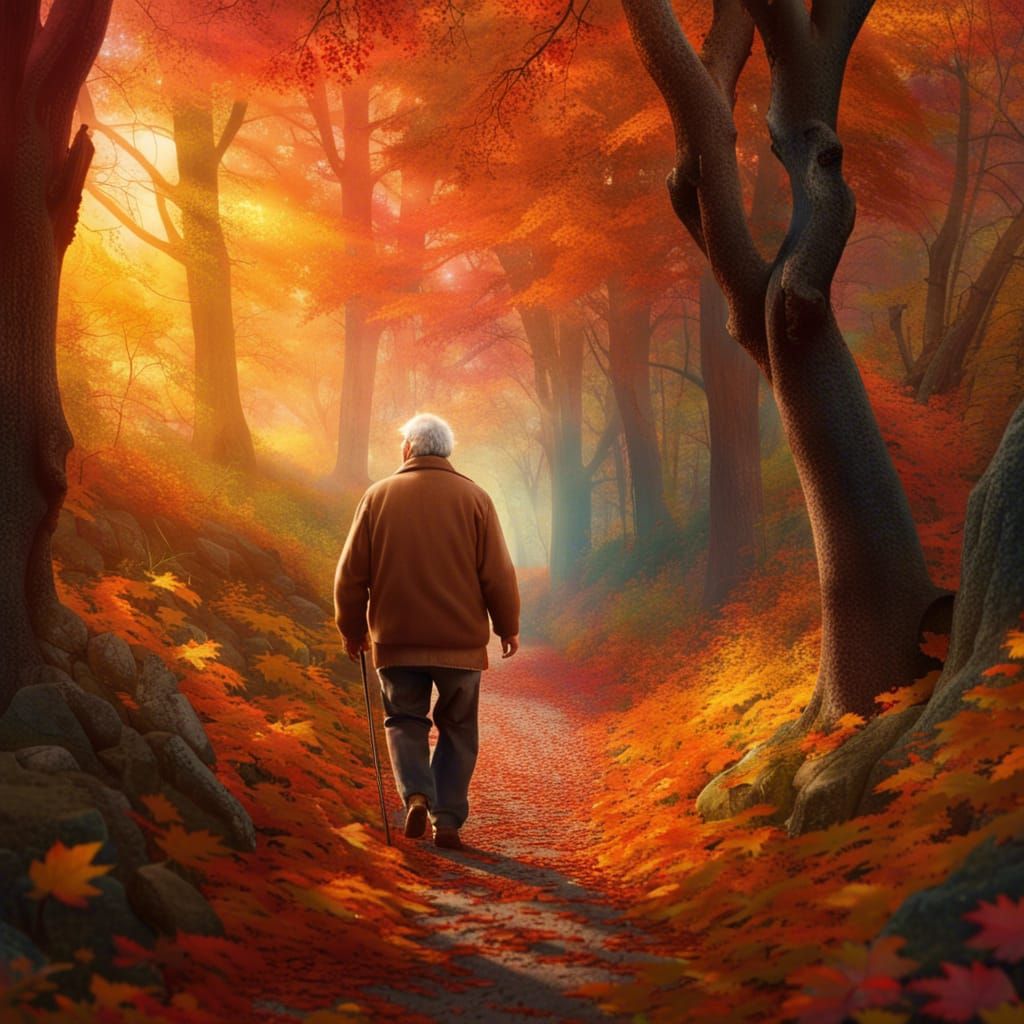 Photorealistic Old Man in Autumn Woods at Sunset