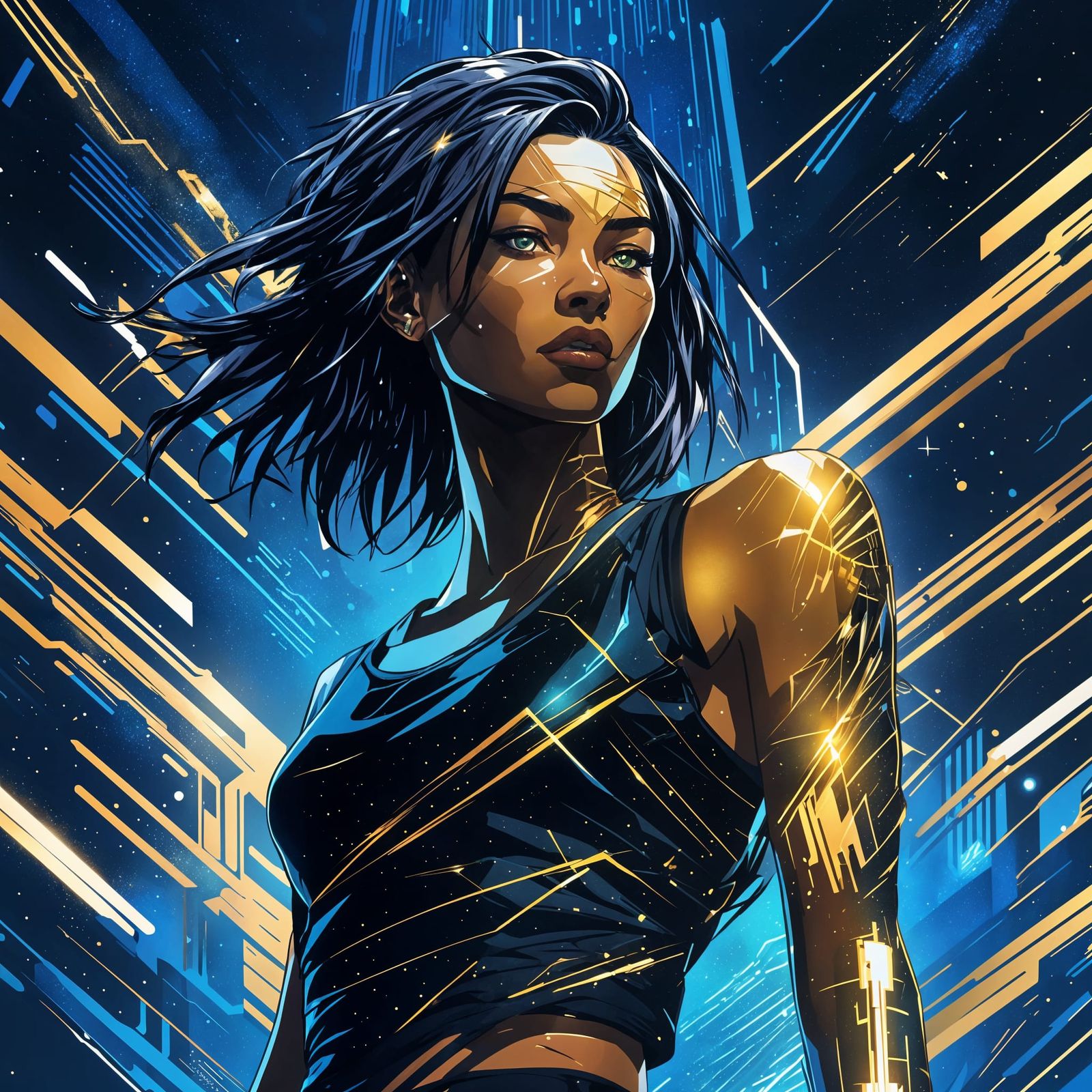 Cyberpunk Assassin in Neon Constellation