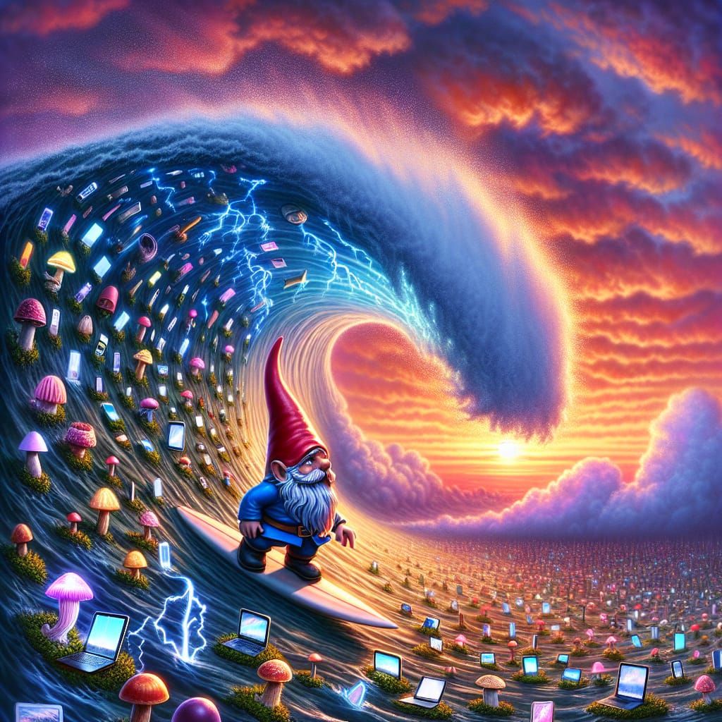 Garden Gnome Surfing Tech Wave at Sunset