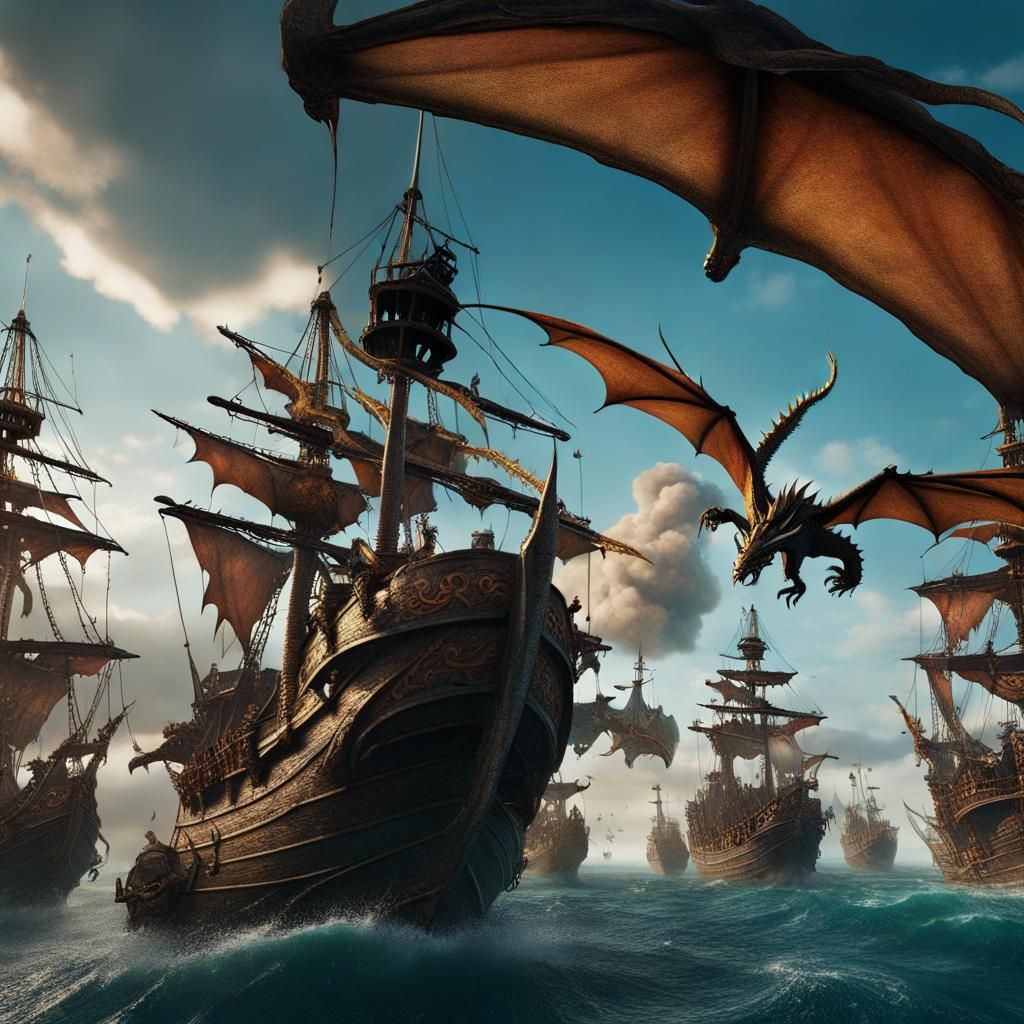 Dragons Above Pirate Ships: Fantasy Concept Art