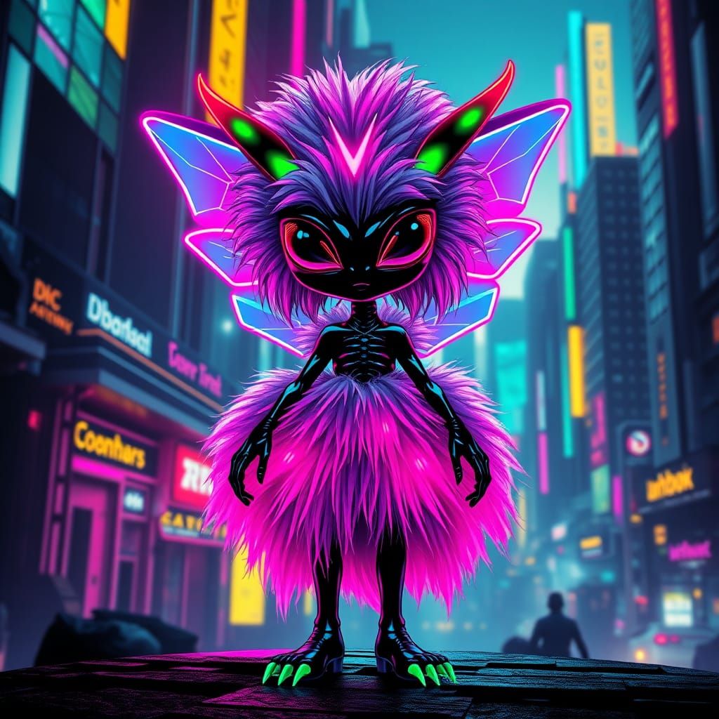 Neon Trash-Punk Alien Fairy in Pop Art Style