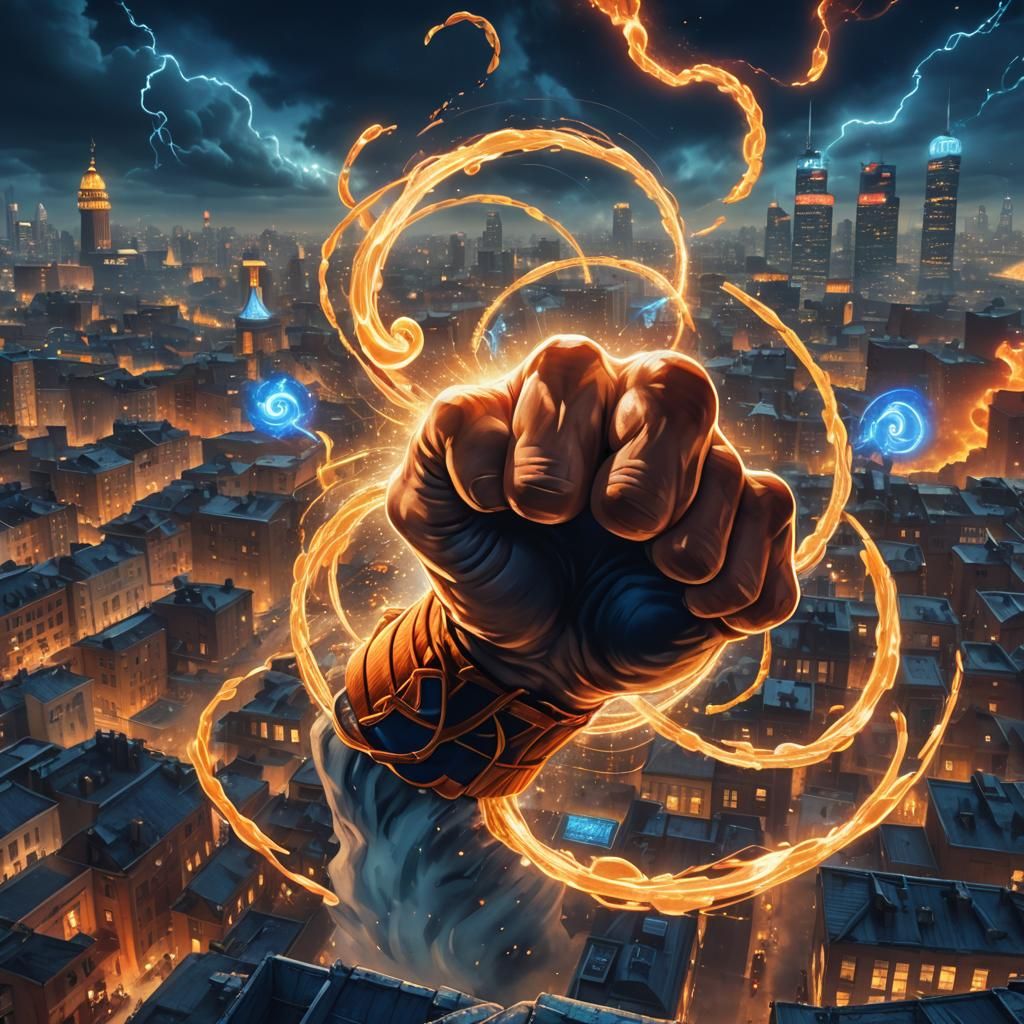 Popeye's Energetic Punch in a Mystical Cityscape