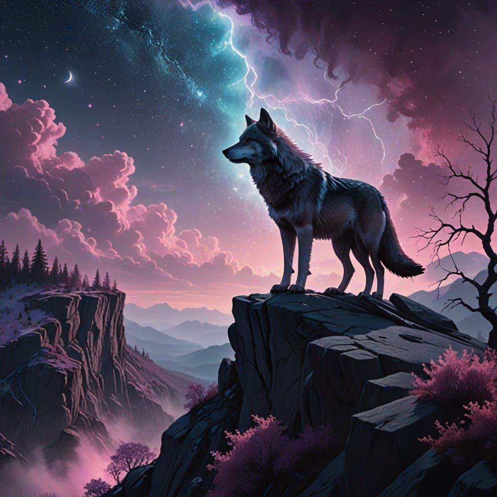 Wolf on Cliff with Nebula Sky