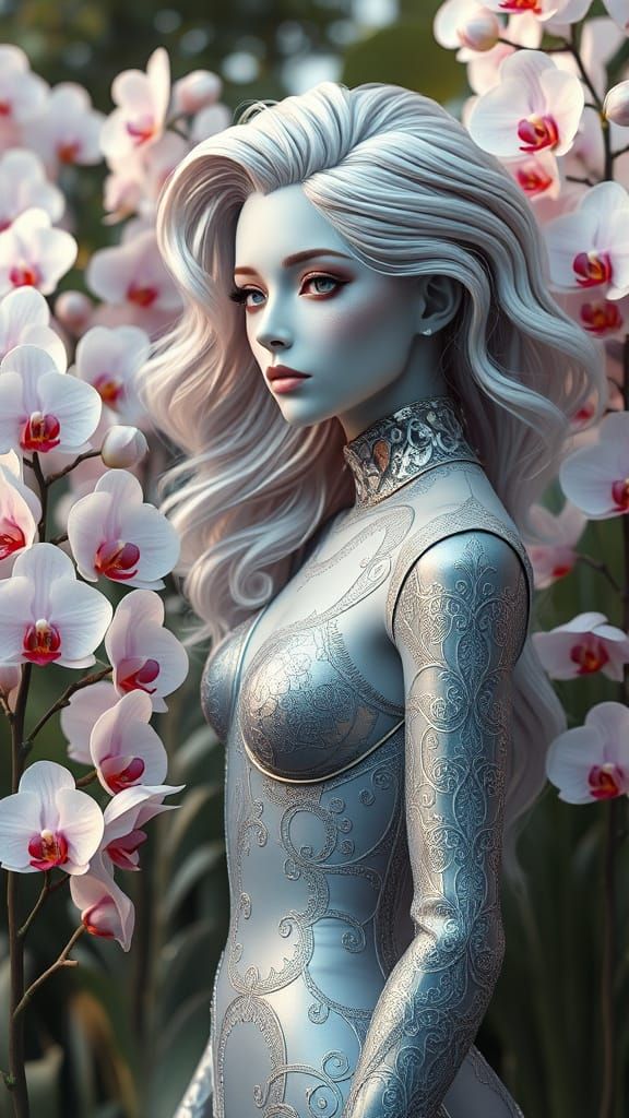 Android Goddess Amidst Metallic Orchids in Art Nouveau Style
