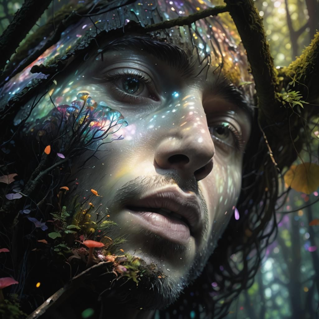Man in Bioluminescent Forest: Surreal Digital Art