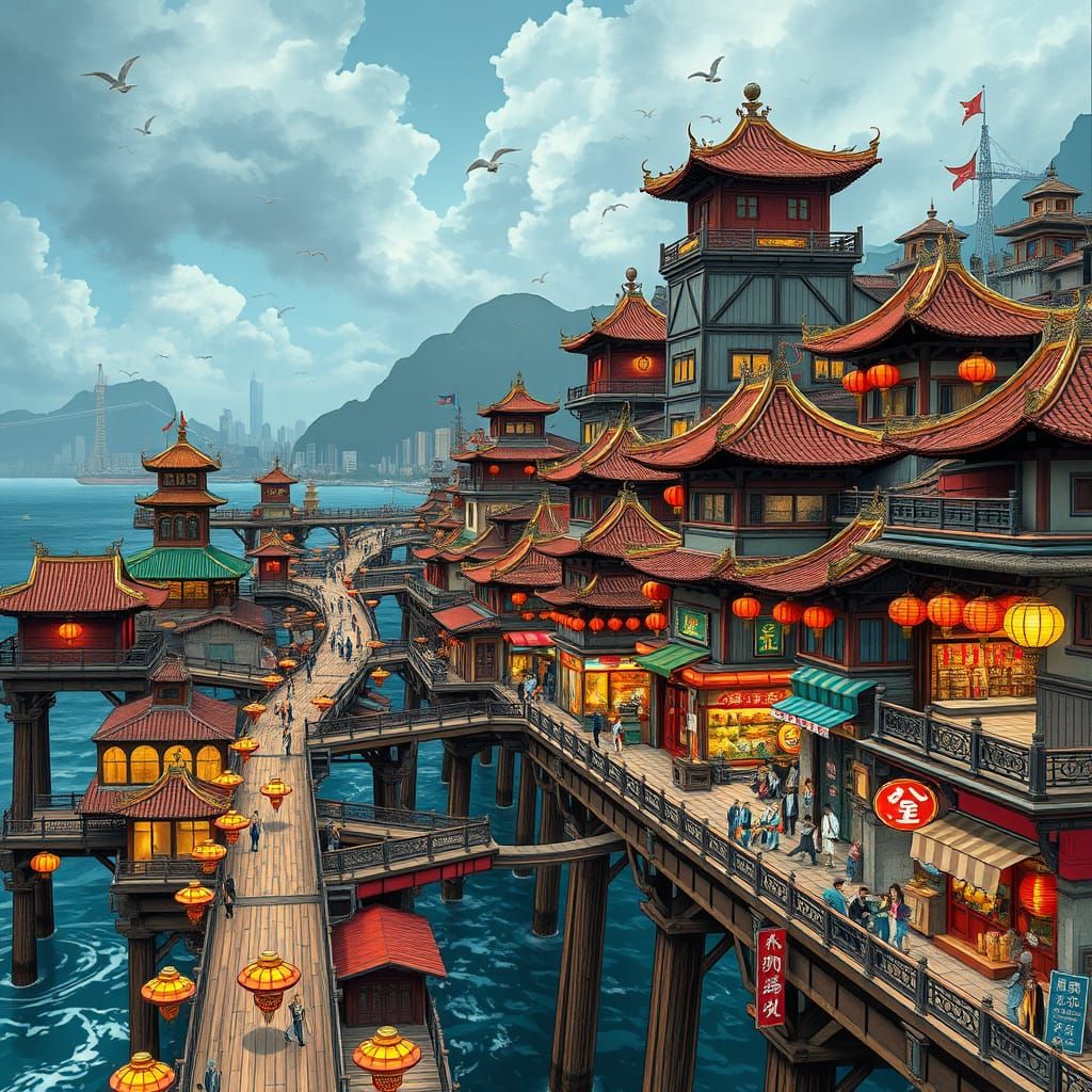 Cyberpunk Chinatown Pier Cityscape