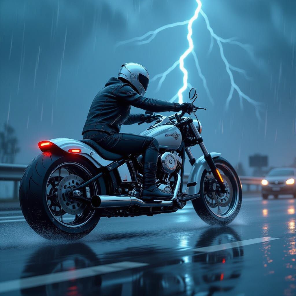 Chrome Robot Biker in Rain-Soaked Cyberpunk