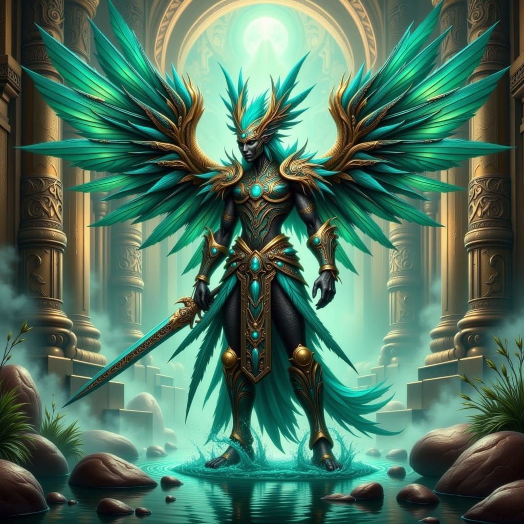 Regal Warrior in Aztec Temple, Cyberpunk-Inspired Armor