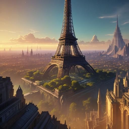 Eiffel Tower Fantasy Concept Art in Matte Painting Style