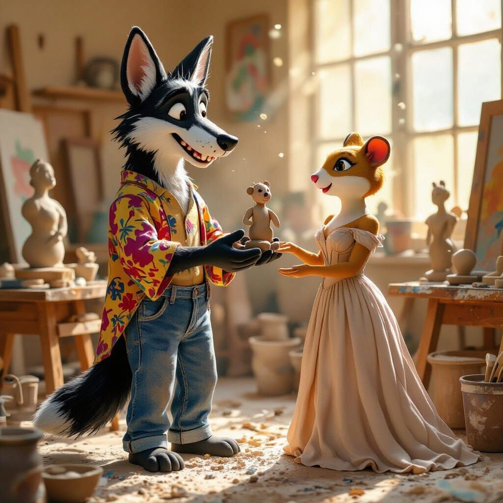 Jackal Sculptor Offers Gift to Hamster in Sunlit Studio
