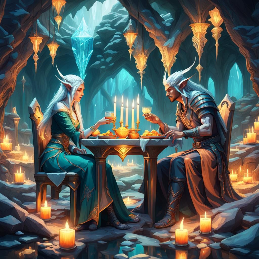 Dark Elf Lovers' Candlelit Dinner, Art Nouveau Style