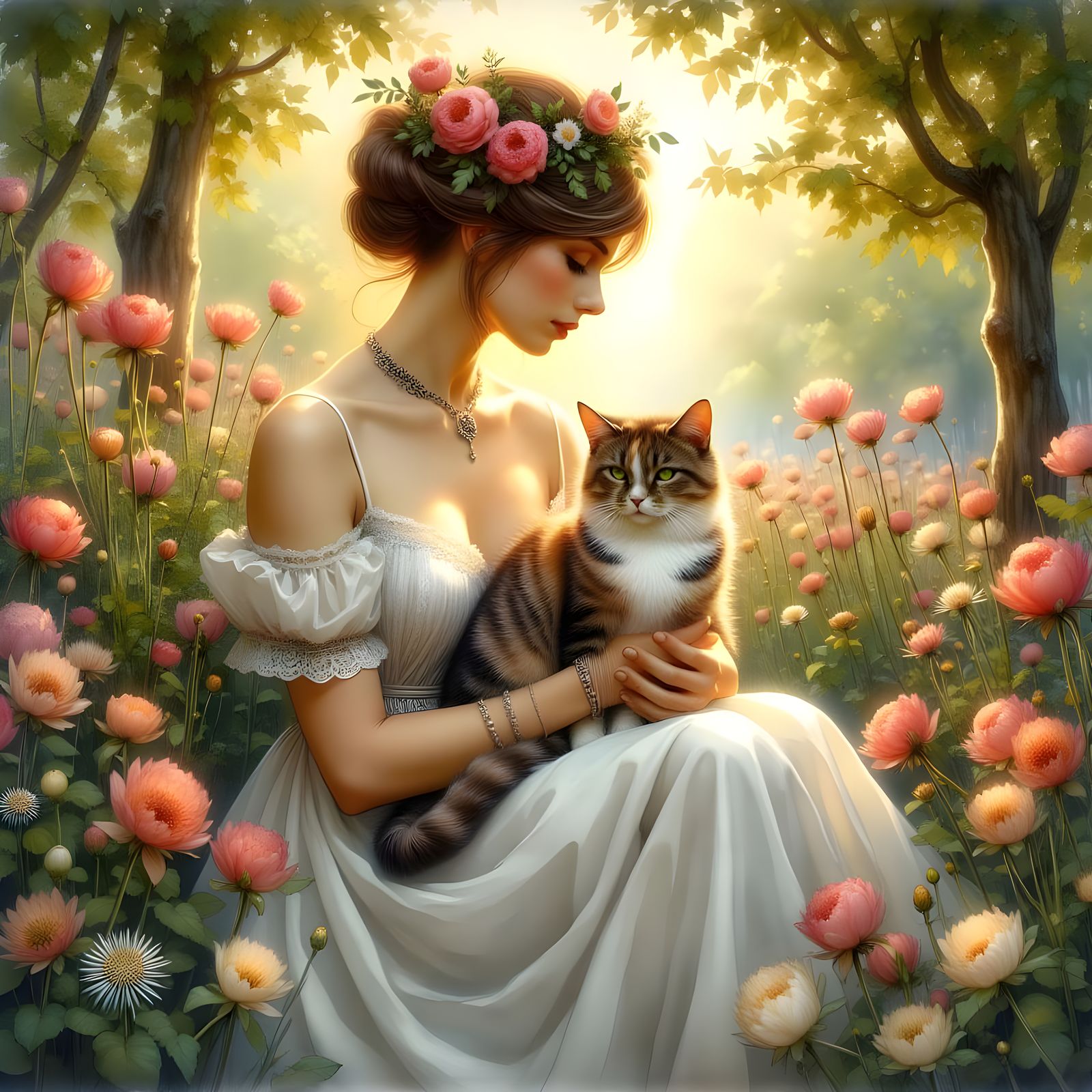 Victorian Woman With Calico Cat in Enchanted Garden