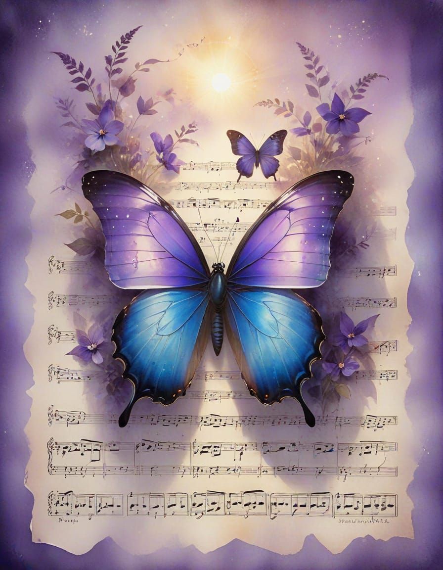 Musical Sheet with Butterfly in Ethereal Watercolor Style