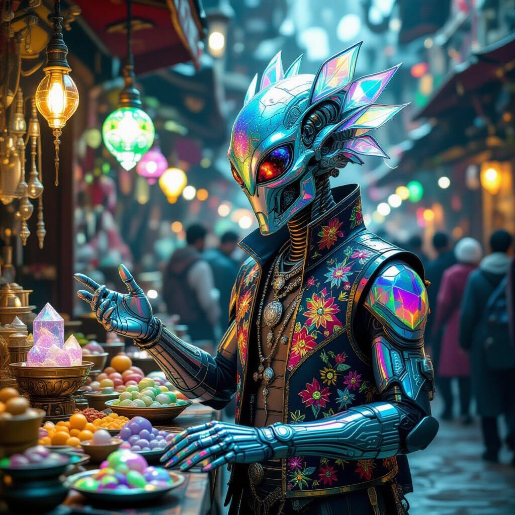 Alien Merchant in Surreal Marketplace with Crystalline Exosk...