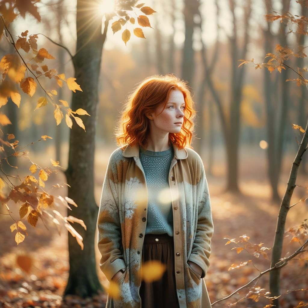Ethereal Double Exposure: Redhead in Autumn Landscape